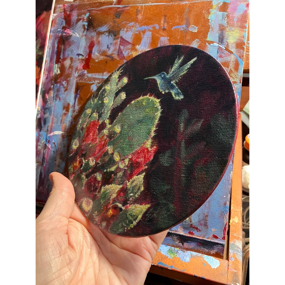 Original Hummingbird & Cactus painting Art Round desert blooming prickly pear - Picture 4 of 8